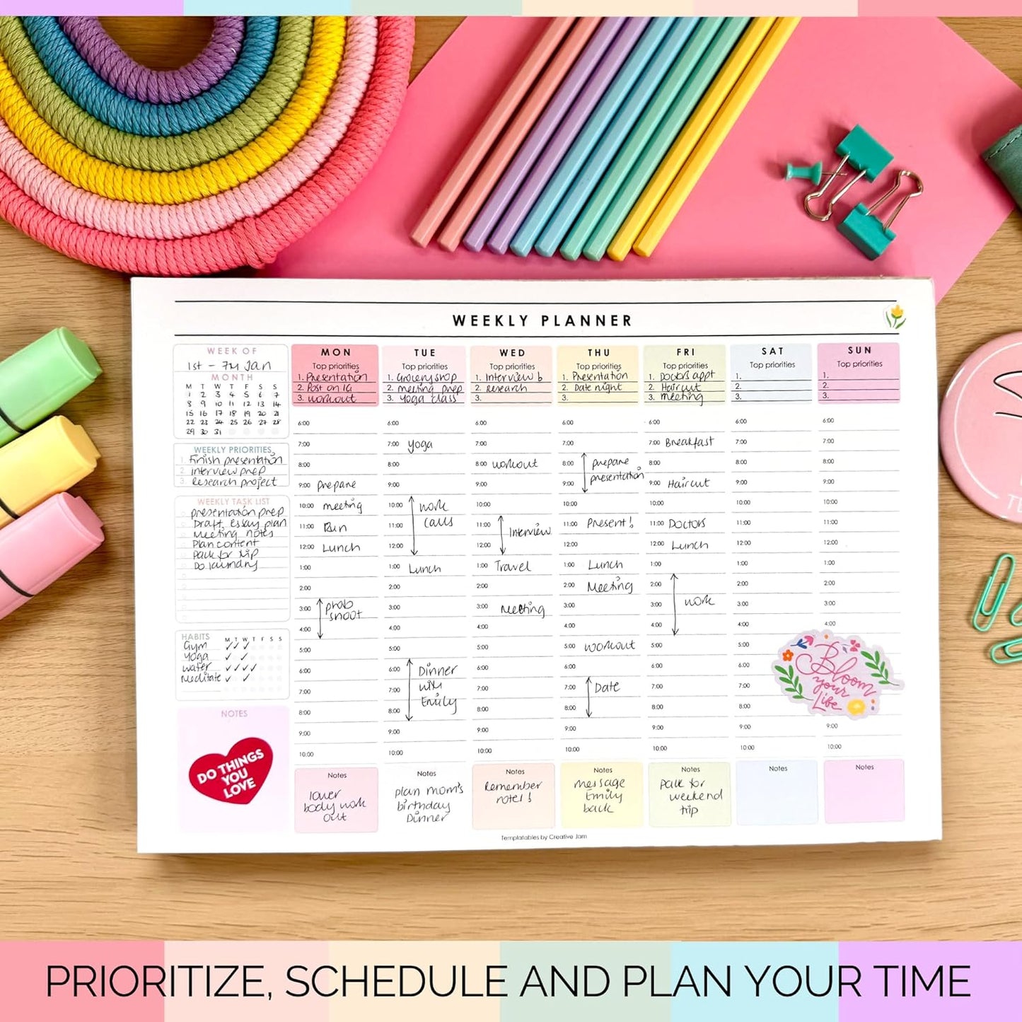 Weekly Hourly Planner Notepad, Daily Planner Desk Pad, Weekly Schedule, to Do List Note Pad, ADHD Planner | 50 Undated Tear Away Sheets | A4 (Rainbow)