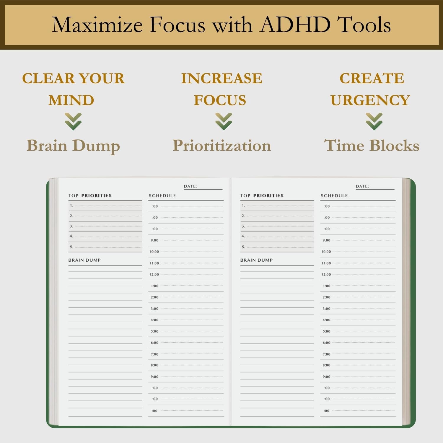 Time Blocking and ADHD Planner by Refine Days. 180 Undated Pages, to Do List, Hourly Schedule, Daily and Monthly Agenda. Time Management & Productivity Notebook. A5 (Green)
