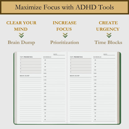 Time Blocking and ADHD Planner by Refine Days. 180 Undated Pages, to Do List, Hourly Schedule, Daily and Monthly Agenda. Time Management & Productivity Notebook. A5 (Green)