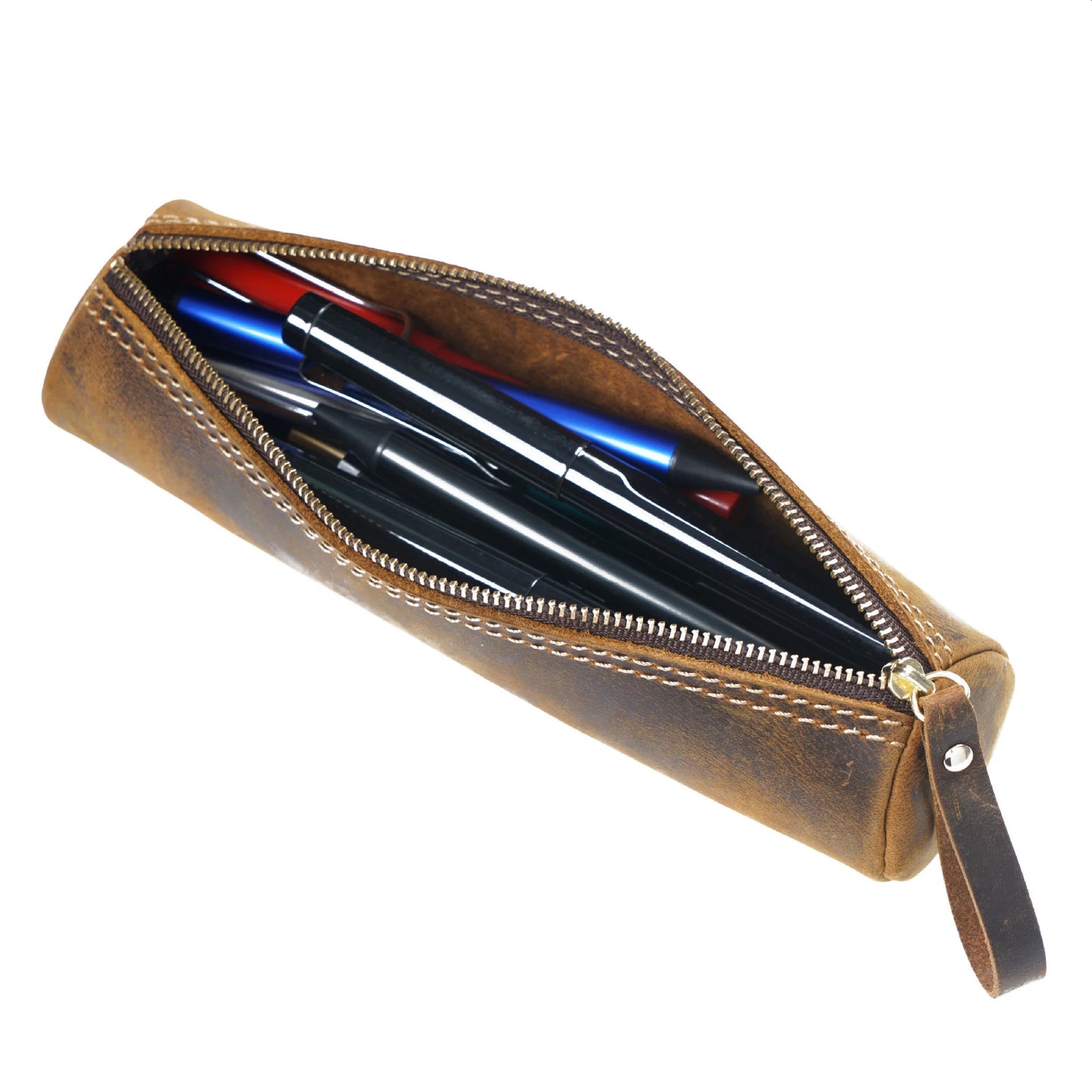 Retro Pen Stationery Pen Case Zipper Cowhide Pen Case Writing Material Bag Handmade Coin Purse Student Stationery Storage Bag