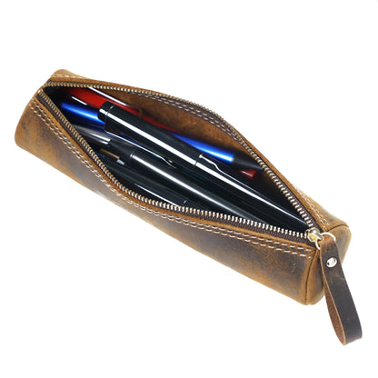 Retro Pen Stationery Pen Case Zipper Cowhide Pen Case Writing Material Bag Handmade Coin Purse Student Stationery Storage Bag