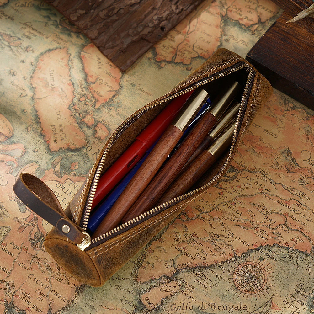 Retro Pen Stationery Pen Case Zipper Cowhide Pen Case Writing Material Bag Handmade Coin Purse Student Stationery Storage Bag