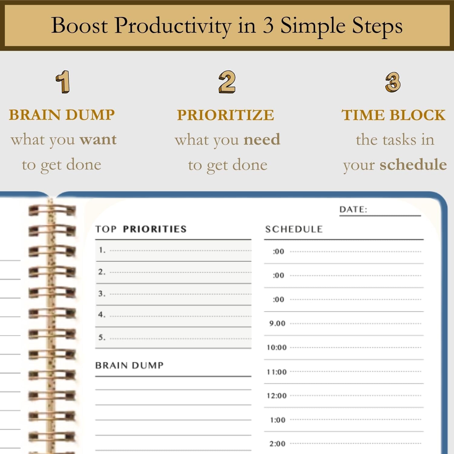 Undated Daily Planner - Time Blocking Planner & ADHD Planner. to Do List, Hourly Schedule, Daily and Monthly Agenda. Time Management & Productivity Planner. Spiral Hardcover Notebook. A4.