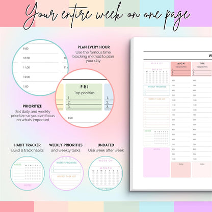 Weekly Hourly Planner Notepad, Daily Planner Desk Pad, Weekly Schedule, to Do List Note Pad, ADHD Planner | 50 Undated Tear Away Sheets | A4 (Rainbow)