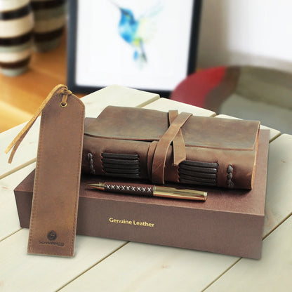 Leather Bound Journal for Men and Women, Handmade Gift Set with Genuine Leather Bookmark and Stylish Pen, Vintage and Classic, Notebook, Sketchbook, Planner, Journal and Diary (300 Pages) (8X6")
