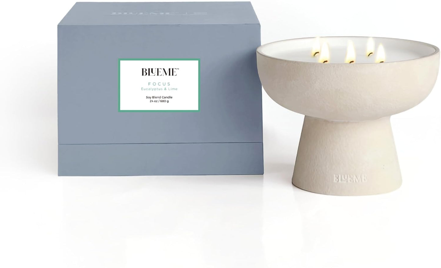 Focus Candle | Eucalyptus & Lime | 5 Wick - Refillable Wellness Candle with Essential Oils, Hand Finished & Poured Soy Wax Blend Ceramic Vessel, Natural Cotton Wicks | Large 24 Oz