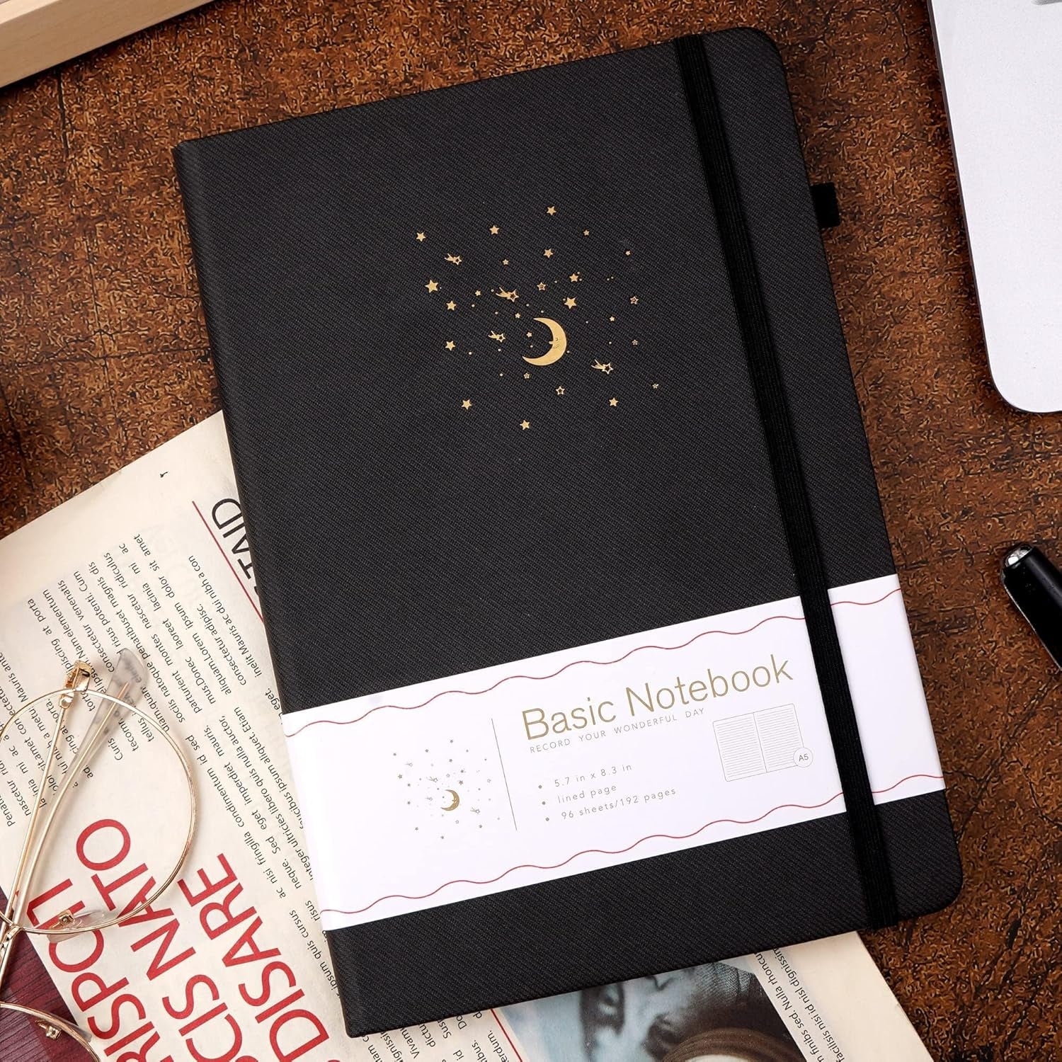 Journal Notebook for Women Men, Hardcover Lined Notebooks Journals for Writing Work Journaling Note Taking Diary with Pen Loop (Black Ruled), Gifts, 5.7" X 8.3", 196 Pages
