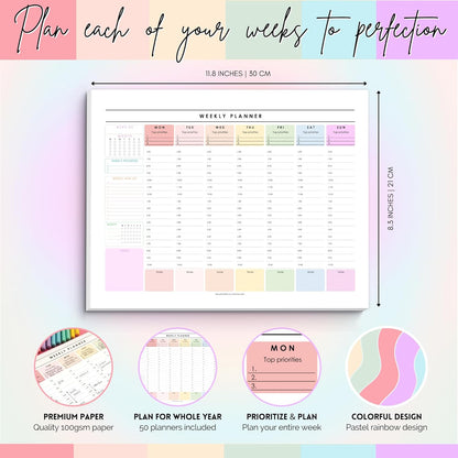 Weekly Hourly Planner Notepad, Daily Planner Desk Pad, Weekly Schedule, to Do List Note Pad, ADHD Planner | 50 Undated Tear Away Sheets | A4 (Rainbow)