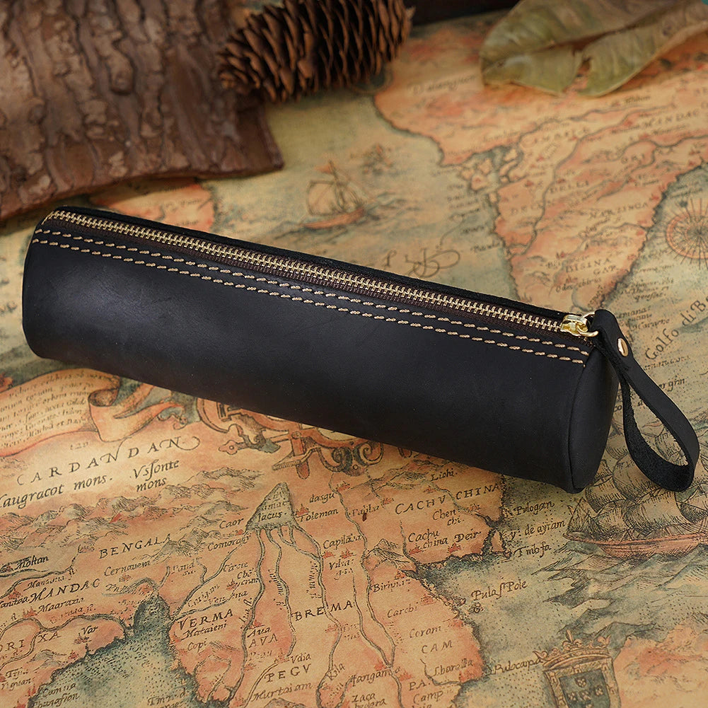 Retro Pen Stationery Pen Case Zipper Cowhide Pen Case Writing Material Bag Handmade Coin Purse Student Stationery Storage Bag