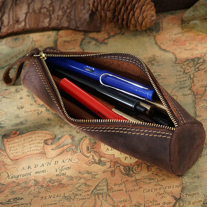 Retro Pen Stationery Pen Case Zipper Cowhide Pen Case Writing Material Bag Handmade Coin Purse Student Stationery Storage Bag