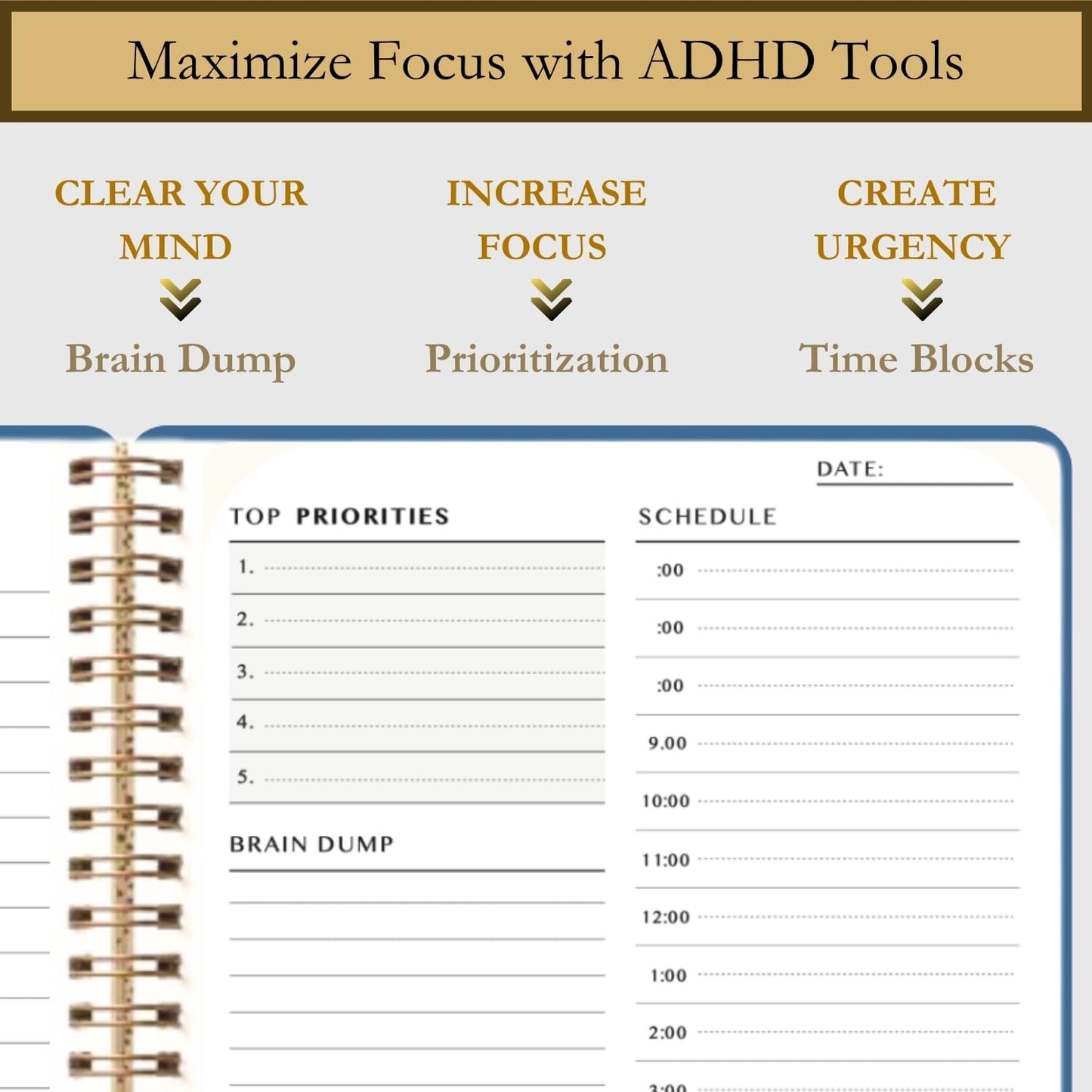Undated Daily Planner - Time Blocking Planner & ADHD Planner. to Do List, Hourly Schedule, Daily and Monthly Agenda. Time Management & Productivity Planner. Spiral Hardcover Notebook. A4.