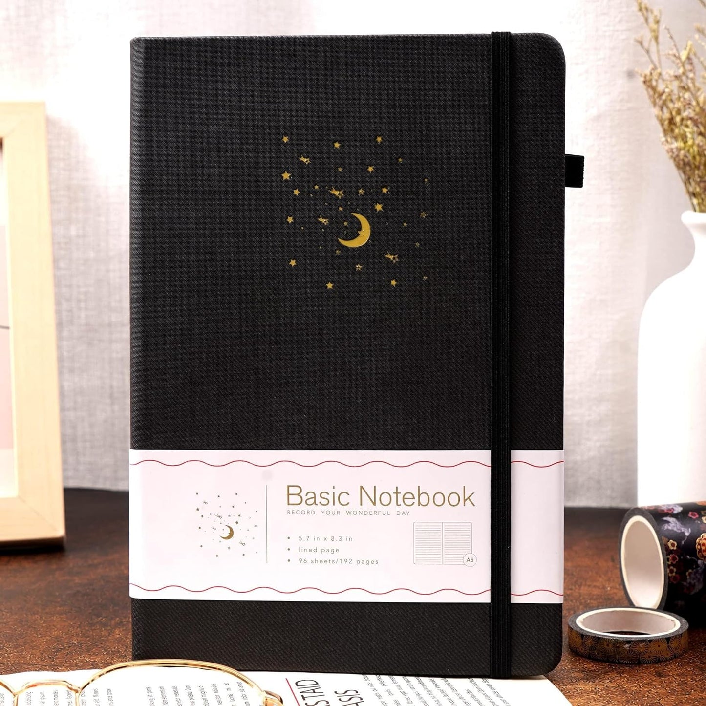Journal Notebook for Women Men, Hardcover Lined Notebooks Journals for Writing Work Journaling Note Taking Diary with Pen Loop (Black Ruled), Gifts, 5.7" X 8.3", 196 Pages