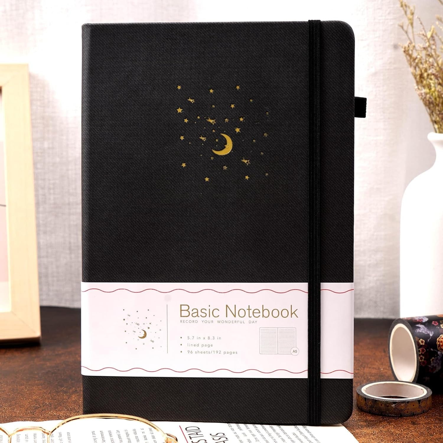 Journal Notebook for Women Men, Hardcover Lined Notebooks Journals for Writing Work Journaling Note Taking Diary with Pen Loop (Black Ruled), Gifts, 5.7" X 8.3", 196 Pages