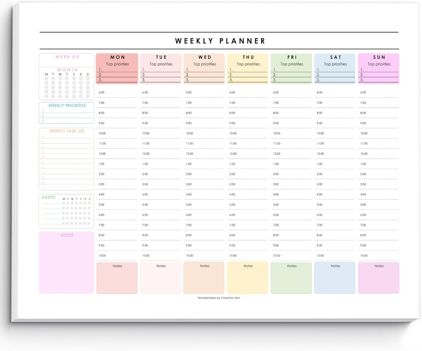 Weekly Hourly Planner Notepad, Daily Planner Desk Pad, Weekly Schedule, to Do List Note Pad, ADHD Planner | 50 Undated Tear Away Sheets | A4 (Rainbow)
