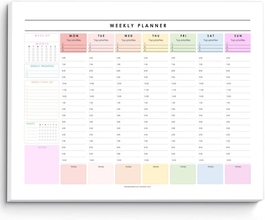 Weekly Hourly Planner Notepad, Daily Planner Desk Pad, Weekly Schedule, to Do List Note Pad, ADHD Planner | 50 Undated Tear Away Sheets | A4 (Rainbow)