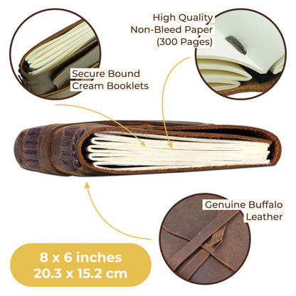 Leather Bound Journal for Men and Women, Handmade Gift Set with Genuine Leather Bookmark and Stylish Pen, Vintage and Classic, Notebook, Sketchbook, Planner, Journal and Diary (300 Pages) (8X6")