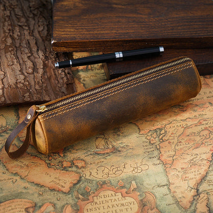 Retro Pen Stationery Pen Case Zipper Cowhide Pen Case Writing Material Bag Handmade Coin Purse Student Stationery Storage Bag