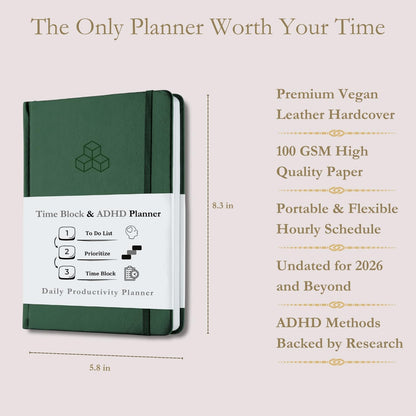 Time Blocking and ADHD Planner by Refine Days. 180 Undated Pages, to Do List, Hourly Schedule, Daily and Monthly Agenda. Time Management & Productivity Notebook. A5 (Green)