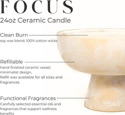 Focus Candle | Eucalyptus & Lime | 5 Wick - Refillable Wellness Candle with Essential Oils, Hand Finished & Poured Soy Wax Blend Ceramic Vessel, Natural Cotton Wicks | Large 24 Oz